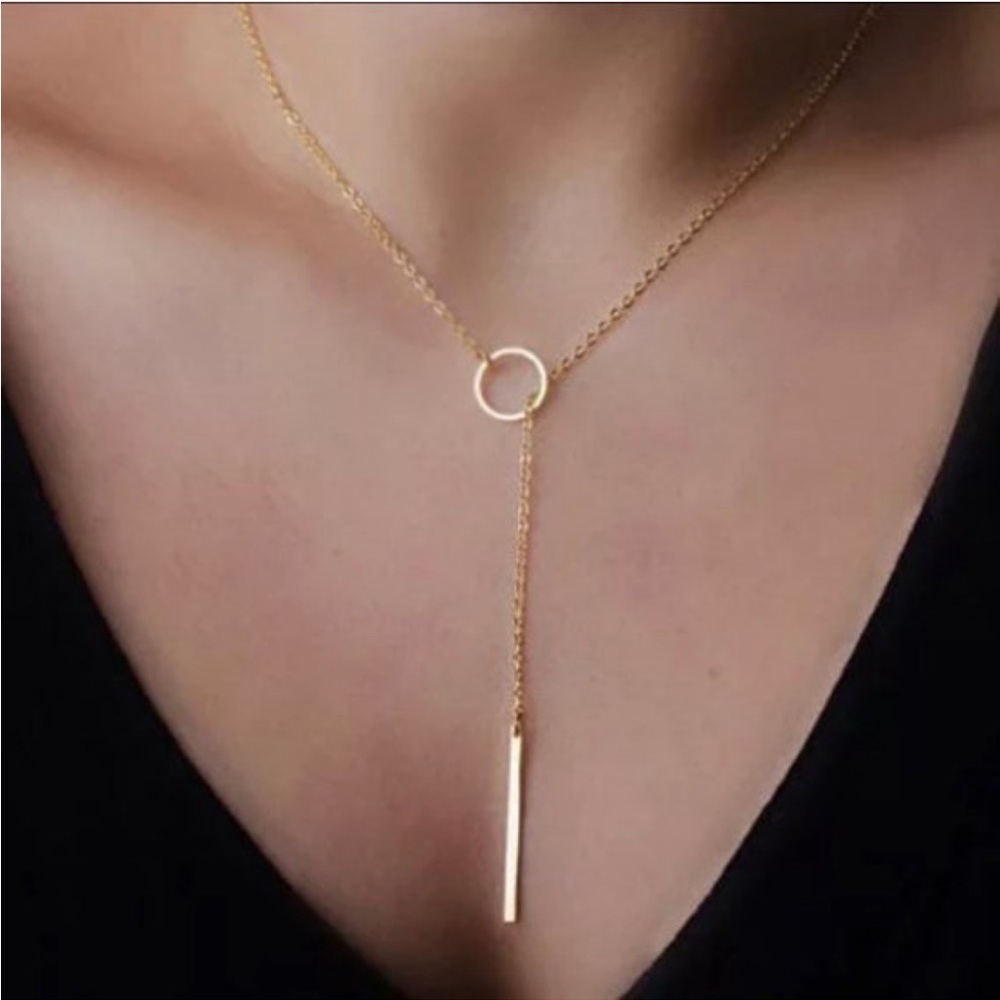 Lariat Circle Bar Y Necklace Gold Necklace Drop Slip Through Necklace Pendant